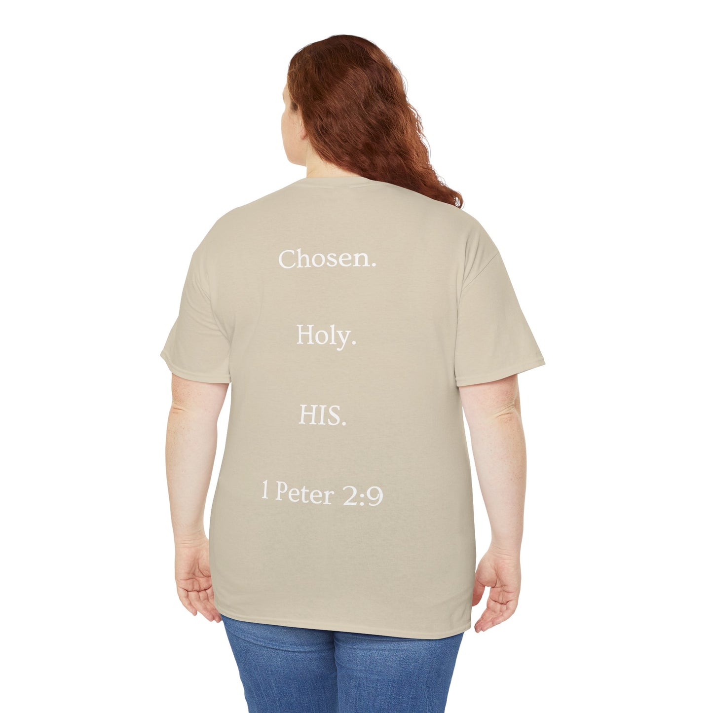 Chosen Christian T-Shirt — "CHOSEN." Front with 1 Peter 2:9 Back