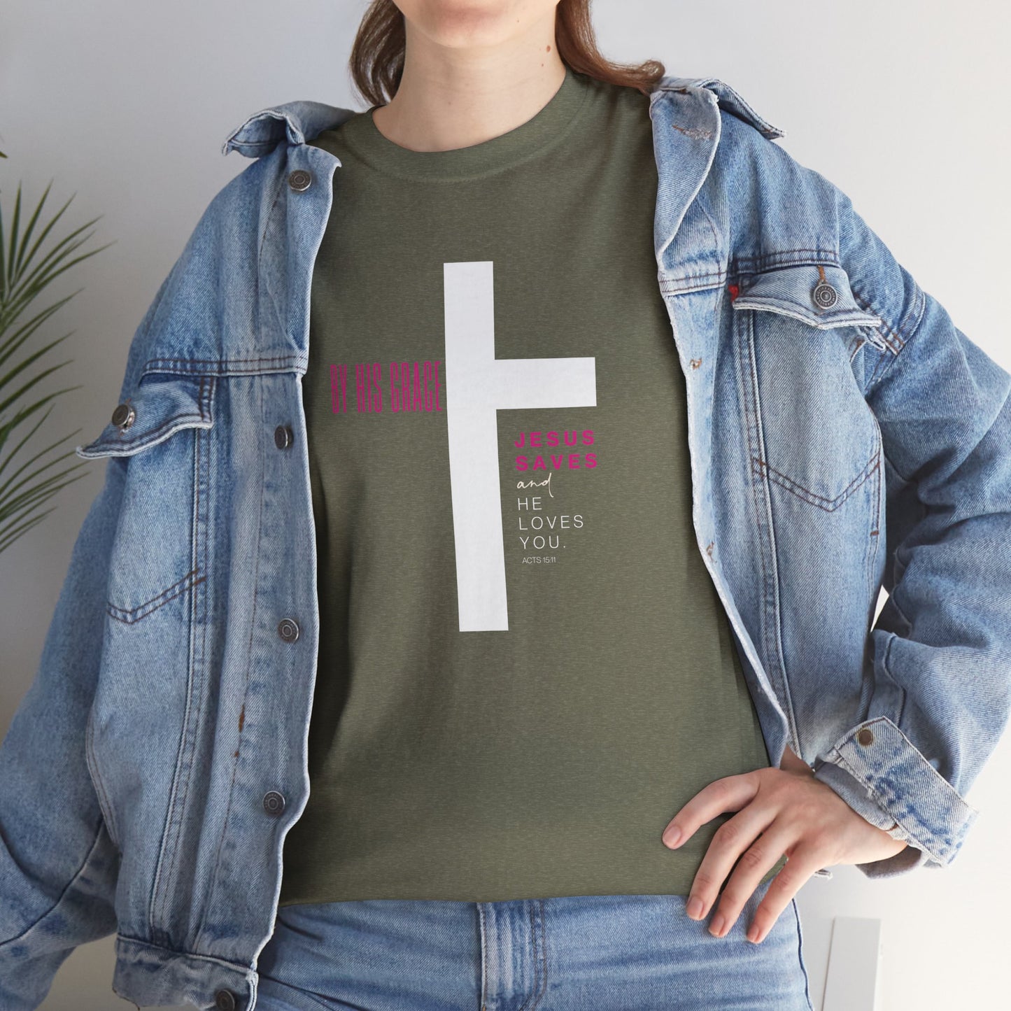 By His Grace Jesus Saves - Christian Faith Unisex Heavy Cotton Tee