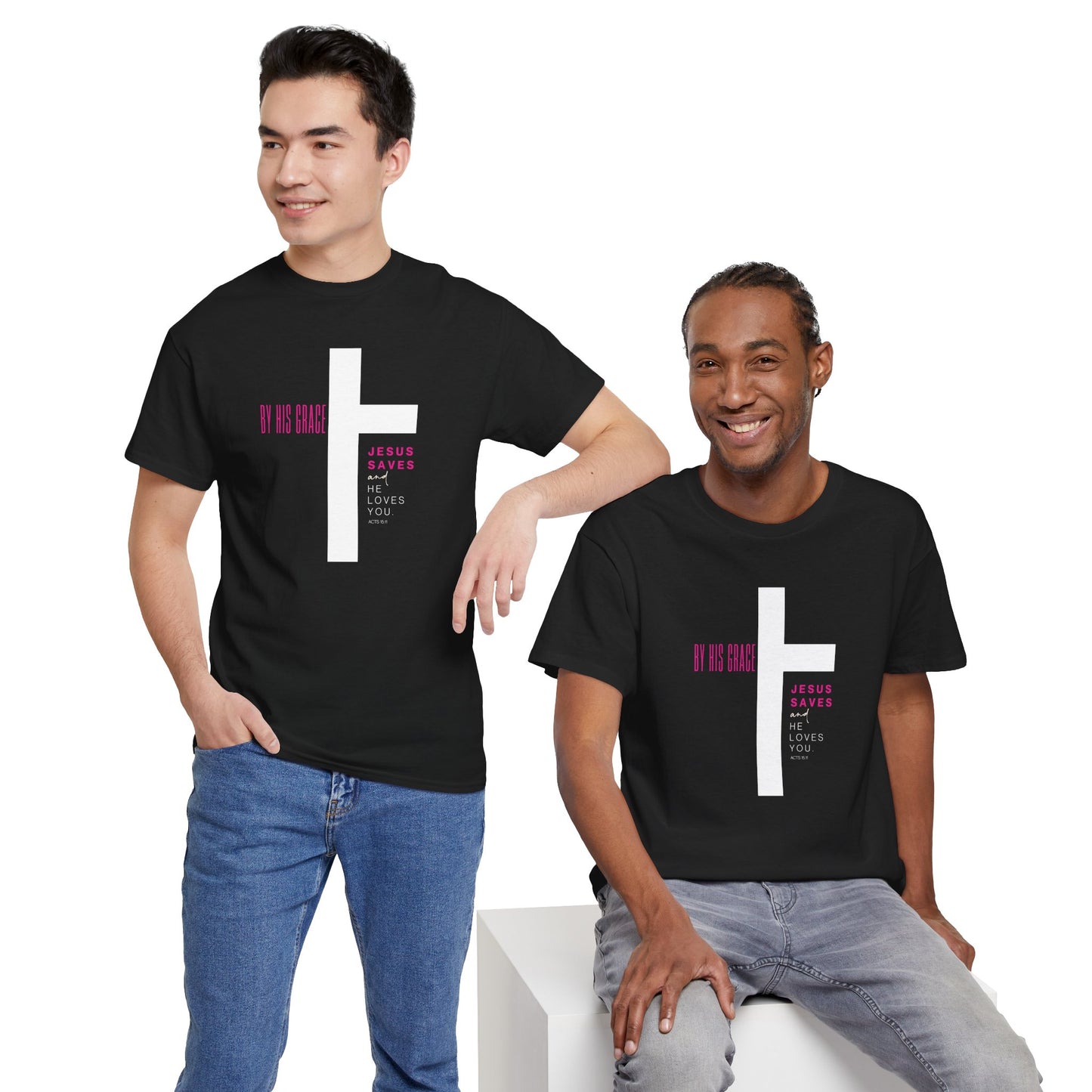 By His Grace Jesus Saves - Christian Faith Unisex Heavy Cotton Tee