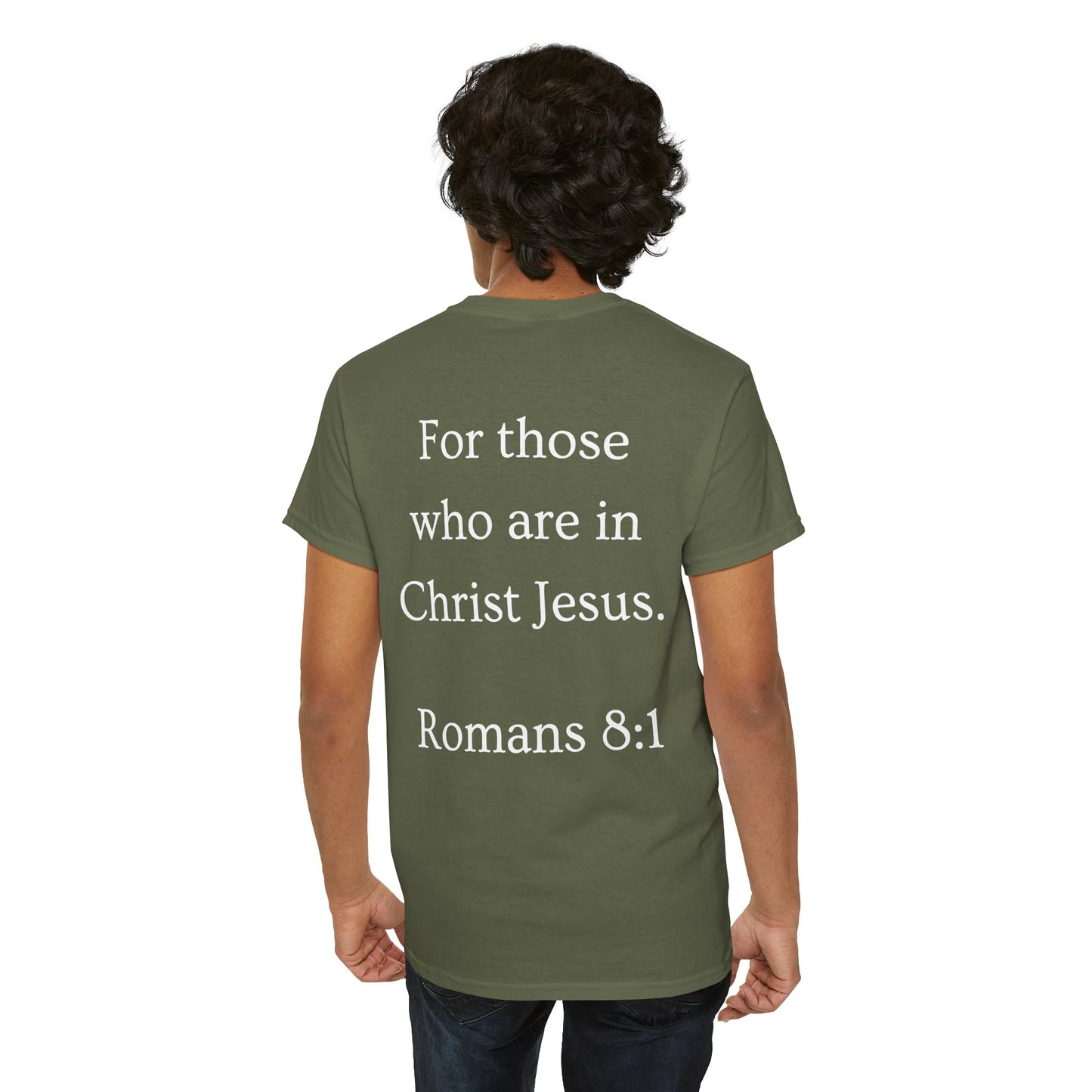 Christian Tee — "No Condemnation" Romans 8:1 Bible Verse Shirt