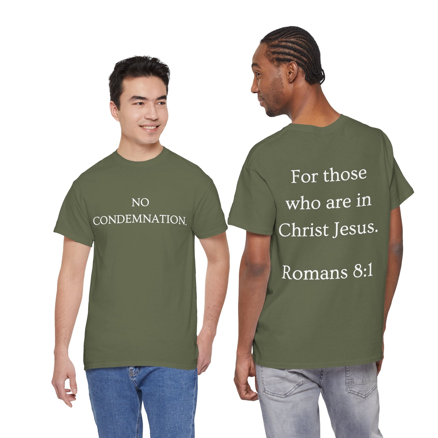 Christian Tee — "No Condemnation" Romans 8:1 Bible Verse Shirt