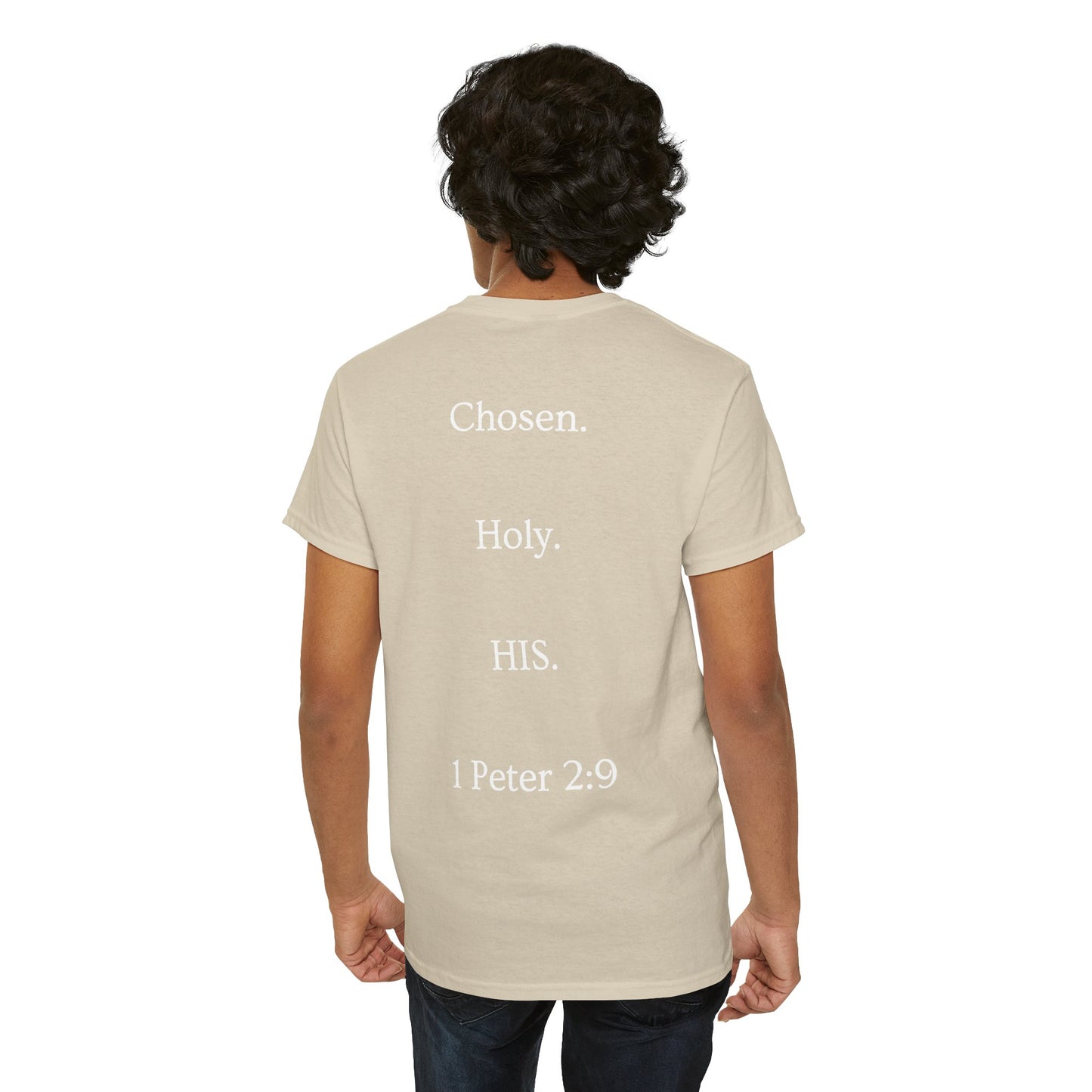 Chosen Christian T-Shirt — "CHOSEN." Front with 1 Peter 2:9 Back