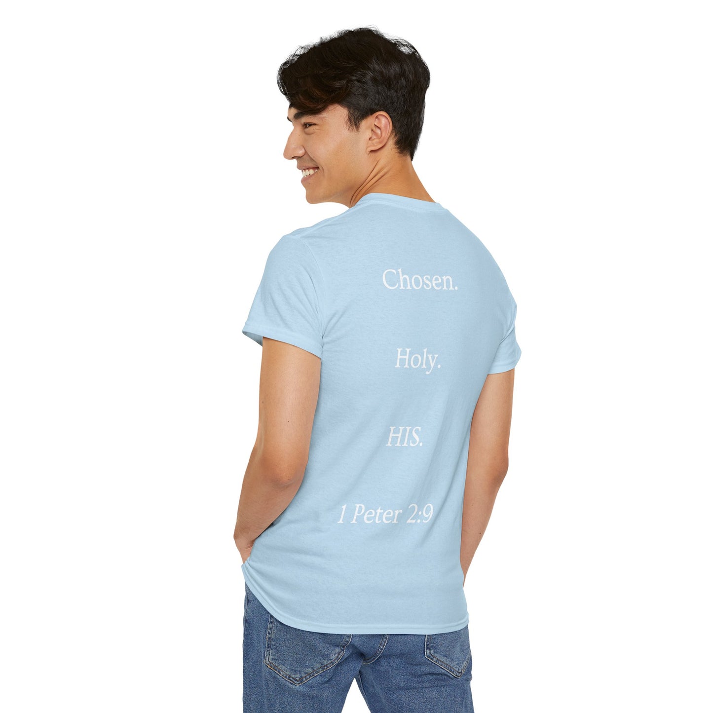 Chosen Christian T-Shirt — "CHOSEN." Front with 1 Peter 2:9 Back