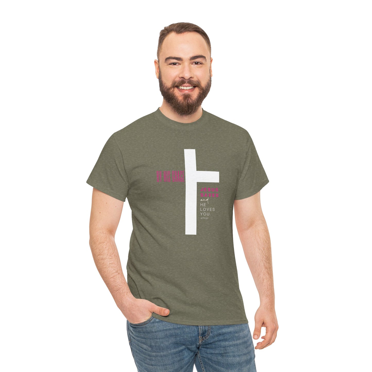 By His Grace Jesus Saves - Christian Faith Unisex Heavy Cotton Tee