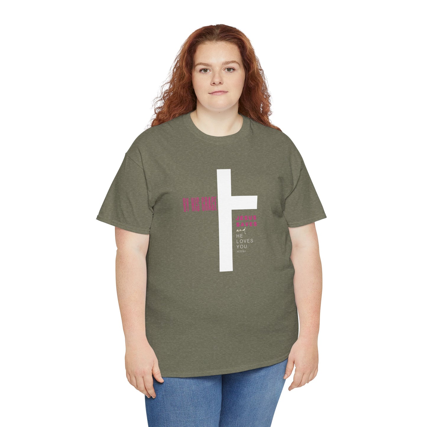 By His Grace Jesus Saves - Christian Faith Unisex Heavy Cotton Tee