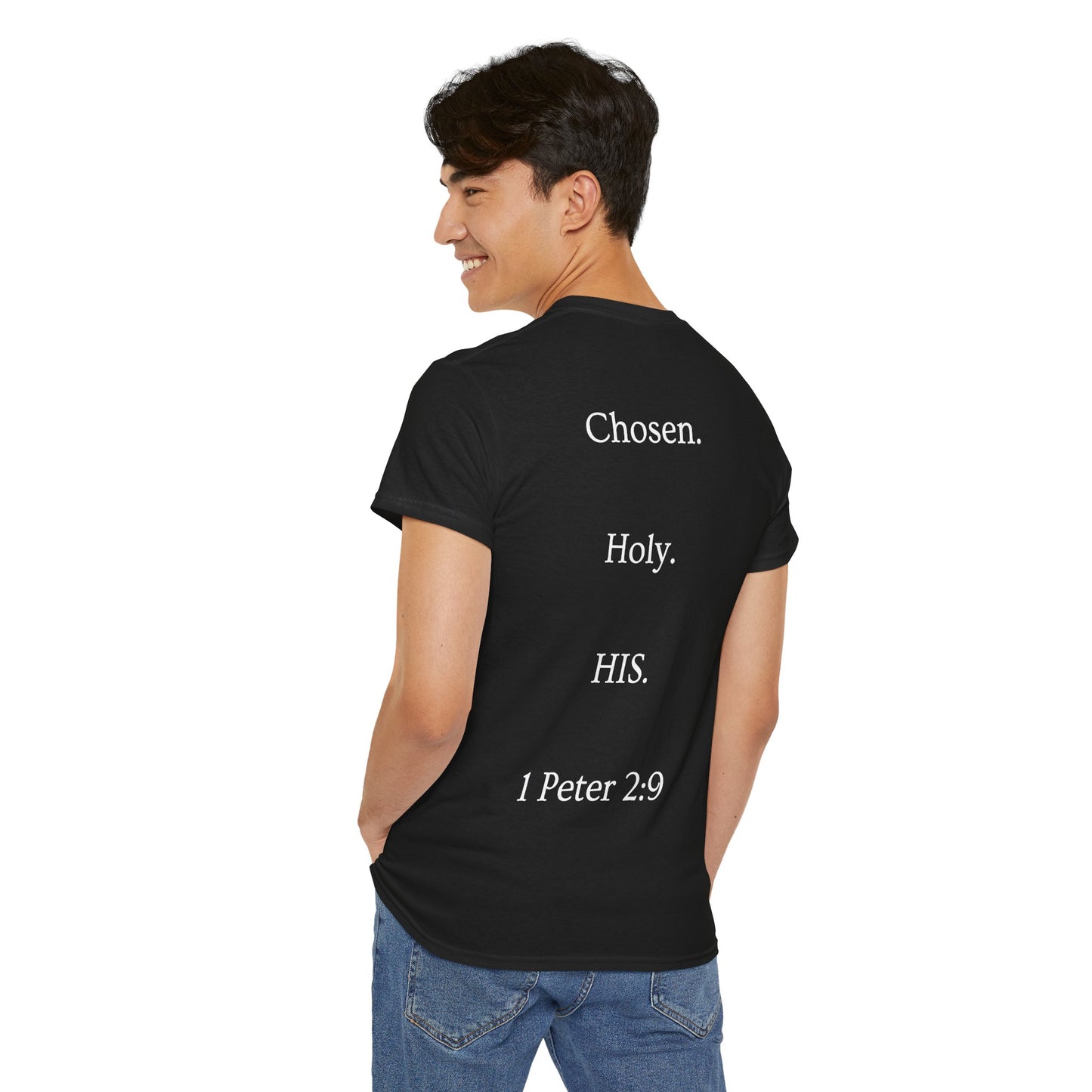 Chosen Christian T-Shirt — "CHOSEN." Front with 1 Peter 2:9 Back