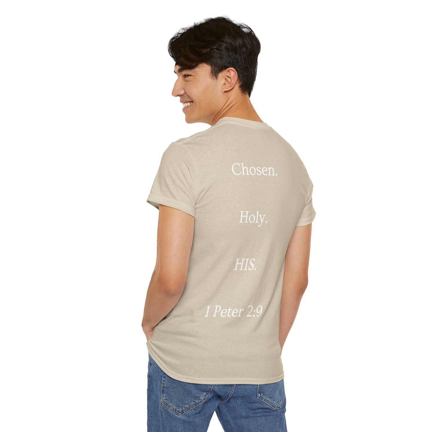 Chosen Christian T-Shirt — "CHOSEN." Front with 1 Peter 2:9 Back