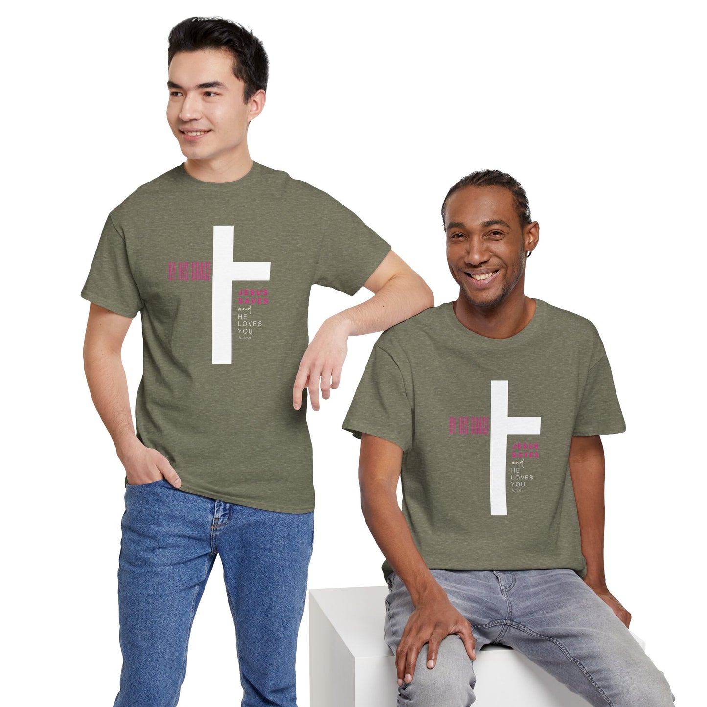 By His Grace Jesus Saves - Christian Faith Unisex Heavy Cotton Tee
