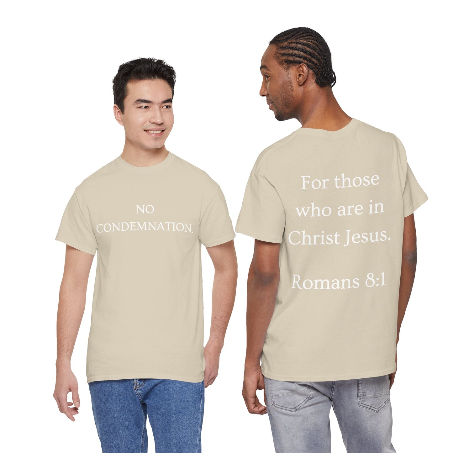 Christian Tee — "No Condemnation" Romans 8:1 Bible Verse Shirt