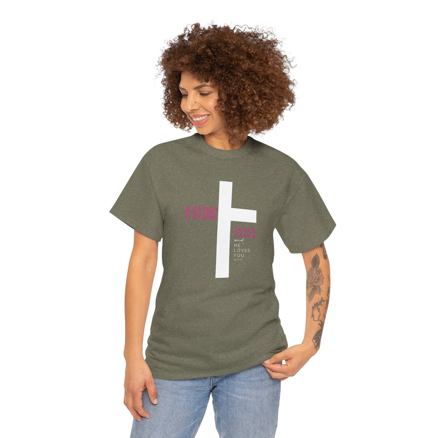 By His Grace Jesus Saves - Christian Faith Unisex Heavy Cotton Tee