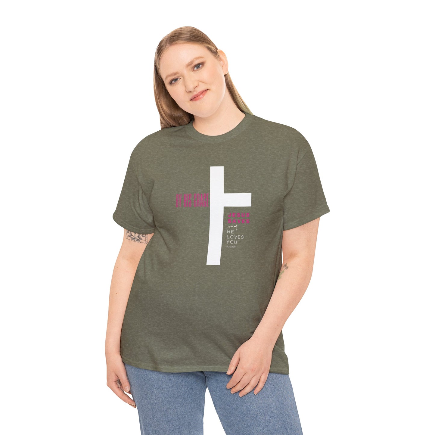 By His Grace Jesus Saves - Christian Faith Unisex Heavy Cotton Tee