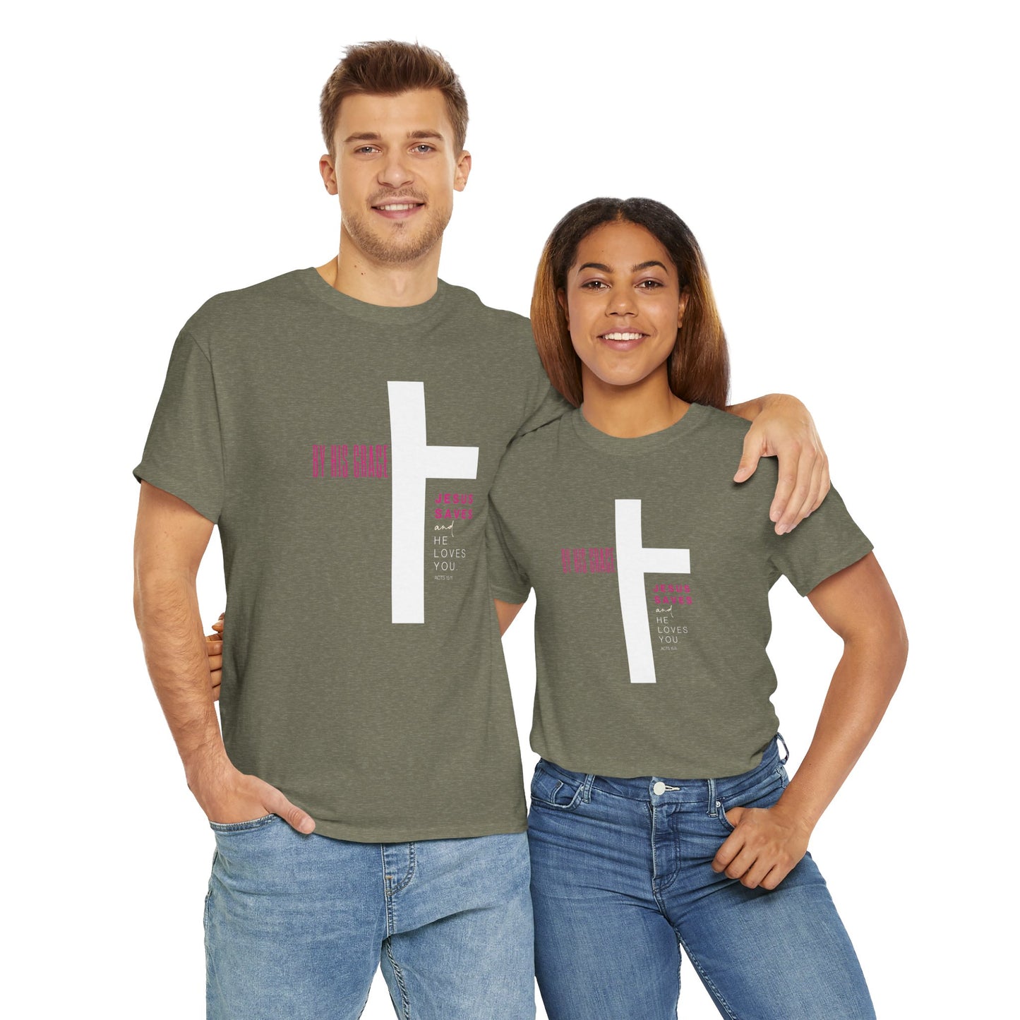 By His Grace Jesus Saves - Christian Faith Unisex Heavy Cotton Tee